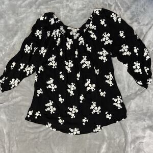 Soft Surroundings Floral Embroidered Top Women Medium Black Tunic 3/4 Sleeve